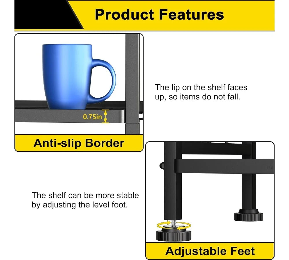 6-Tier Metal Storage Shelf for Bathroom & Kitchen Organization, Heavy-Duty Wire Rack with Adjustable Feet, Black