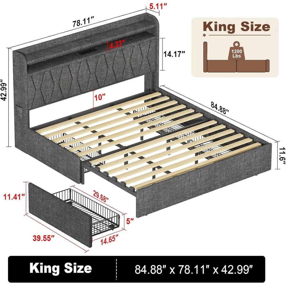King Size Upholstered Bed Frame with Headboard, 4 Drawers, Charging Station, Dark Grey, Easy Assembly, No Box Spring Needed