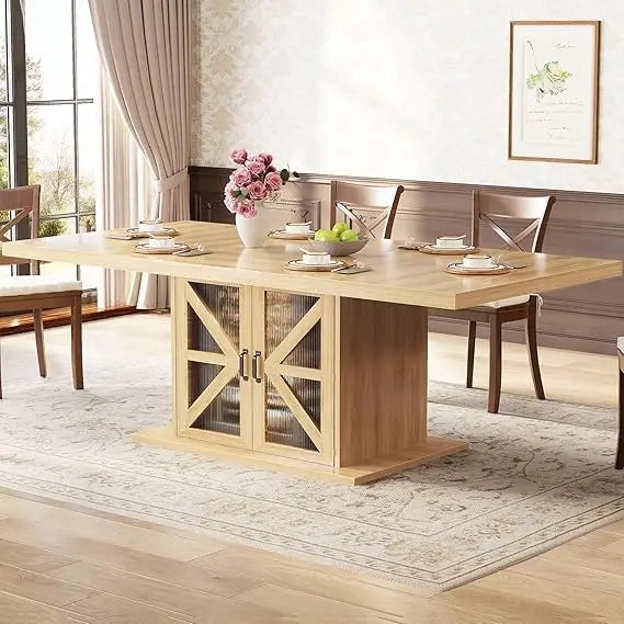 Large Modern Rectangular Farmhouse Dining Table with Storage for 4-6, Wood Kitchen Table featuring Fridge Space