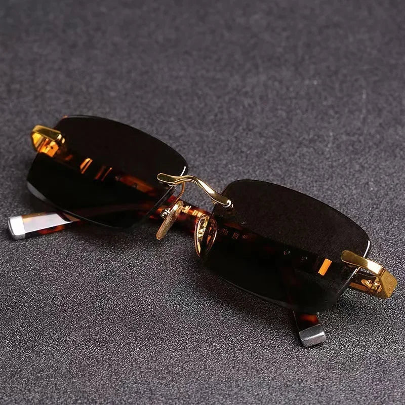 Fashion Square Rimless Sunglasses Women Men Crystal Dark Green Lens Sun Glasses Retro Glasses Outdoor Driving Eyeglasses