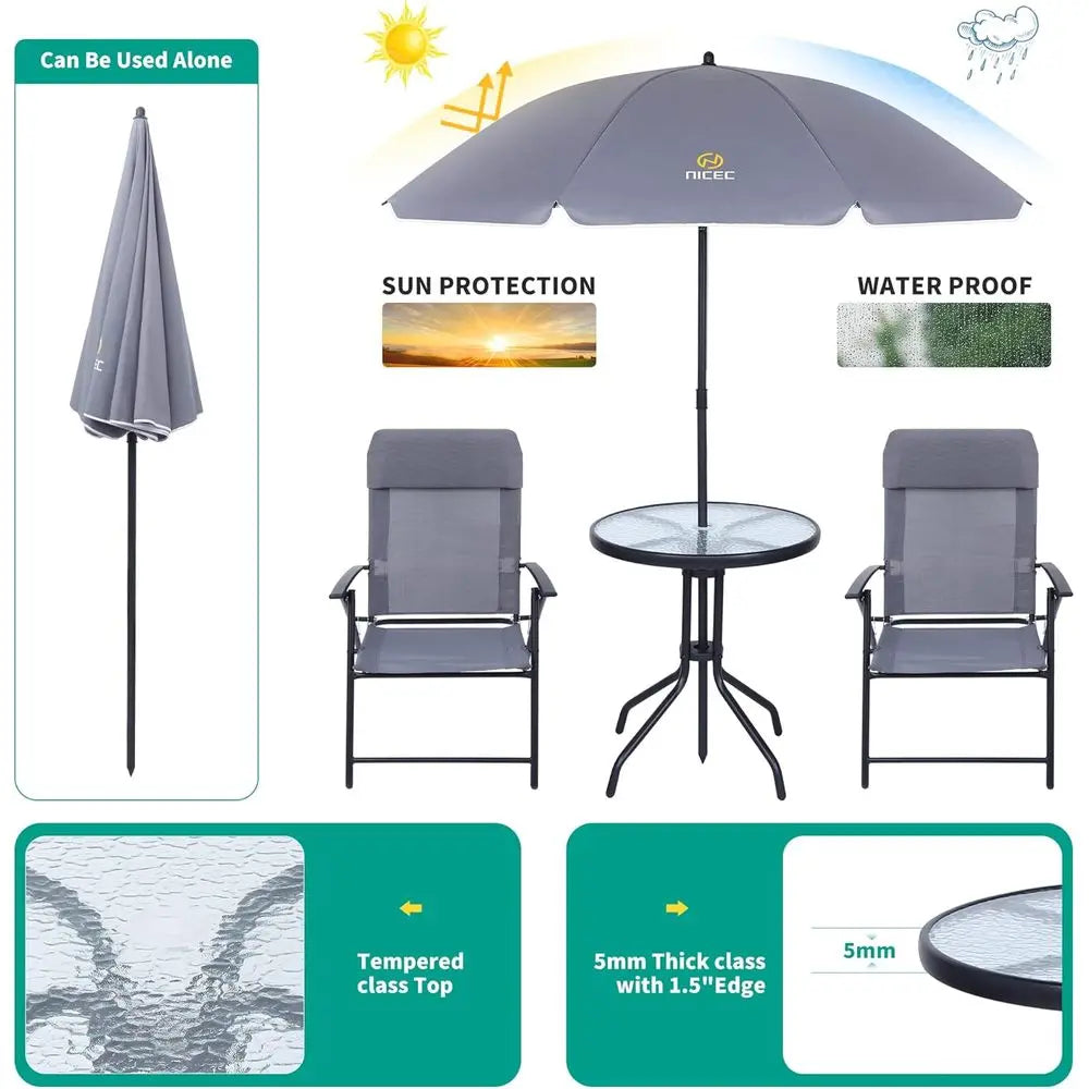 Outdoor Dining Set with Umbrella, 4-Piece Patio Furniture, Grey Glass Table & Folding Chairs