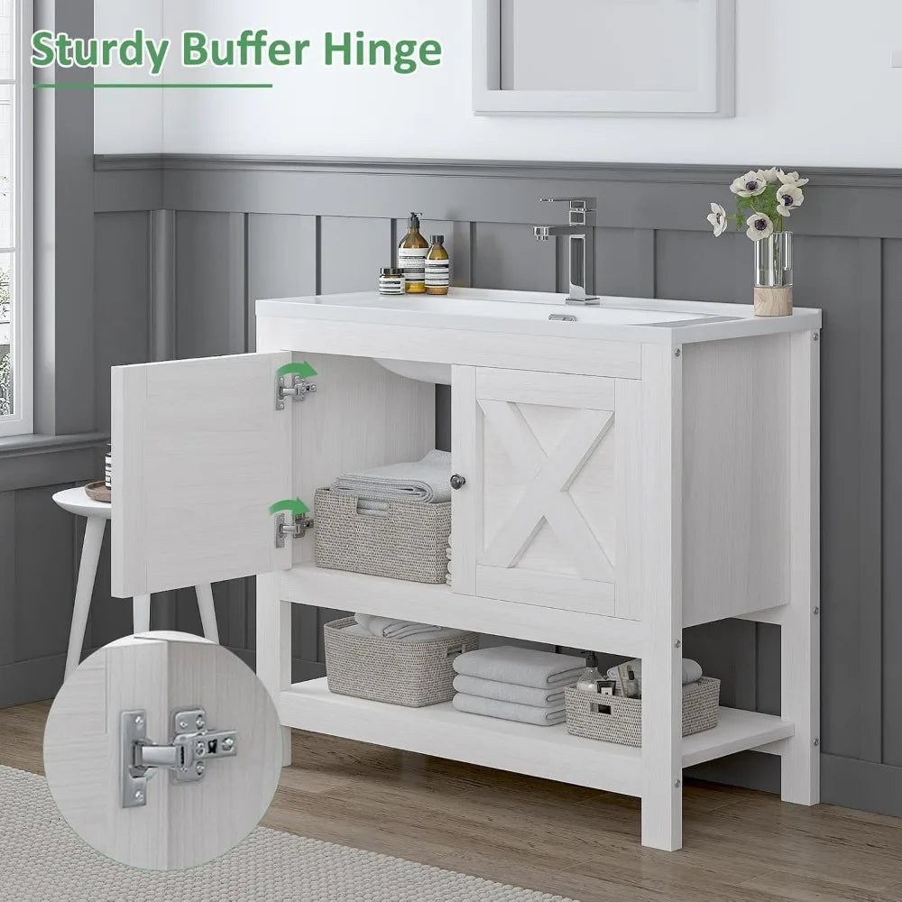"35" modern farmhouse vanity with sink, freestanding cabinet, 2 doors & open shelf for bathroom