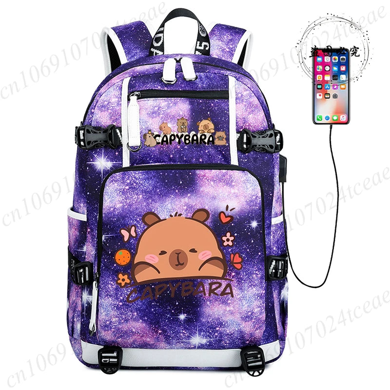 15.6 Inch Student Backpacks Japanese Large-capacity Backpack Girl Boys Simple Versatile Backpack Capibara Anime Usb School Bags