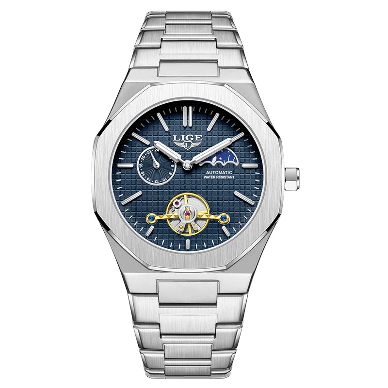 LIGE New Automatic Watches For Men Outdoor Sports Waterproof 24 Hours Moon Phase Watch Men Luxury Men's Mechanical Wristwatch
