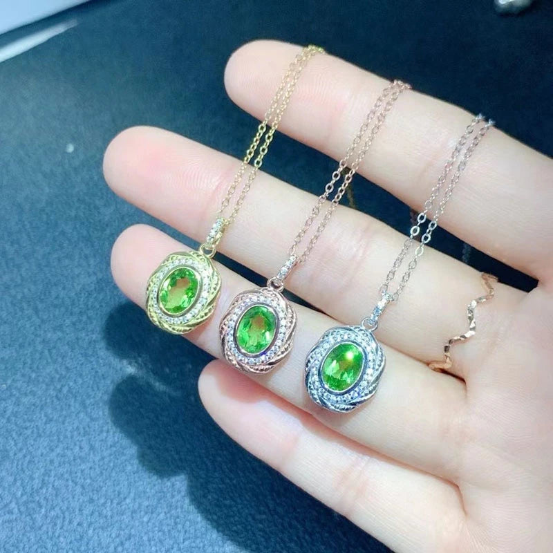 Hot Sale 925 Silver Jewelry Set with Gold Plated 6mm*8mm 2ct Natural Peridot Ring and Peridot Pendant with Silver Necklace