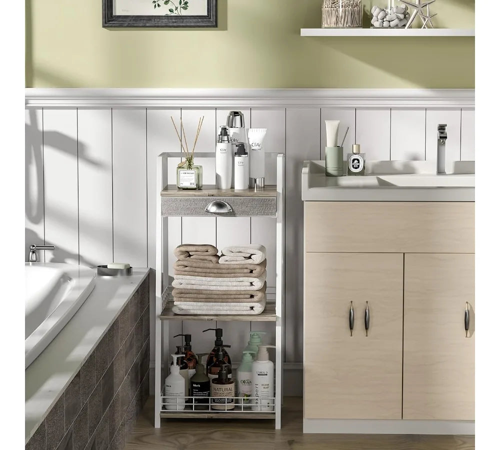 3-Tier Bathroom Shelf with Drawer, Freestanding Storage Rack for Small Spaces, White Modern Ladder Shelf for Living Room Bedroom