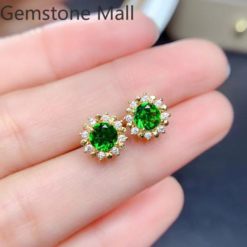 Total 2ct Natural Chrome Diopside Jewelry Set 925 Silver 5mm VVS Grade Diopside Ring Earrings Pendant with Gold Plating