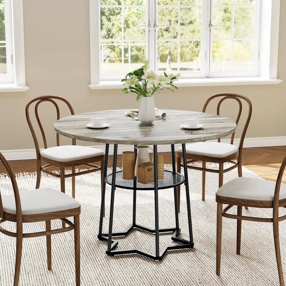 Rustic Round Dining Table Farmhouse Kitchen Table Dinner Table with Metal Base for Dining Room, Kitchen, Living Room