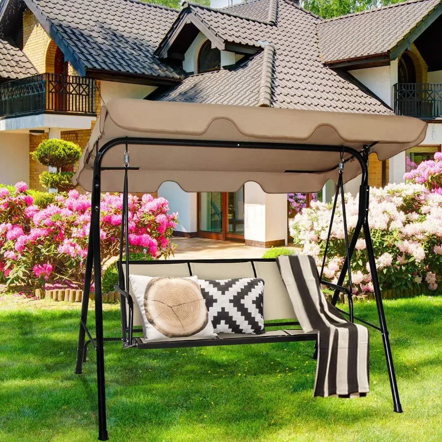 3 Person Patio Swing Steel Frame with Polyester Angle Adjustable Canopy All Weather Resistant Swing Bench Perfect for Outdoor U