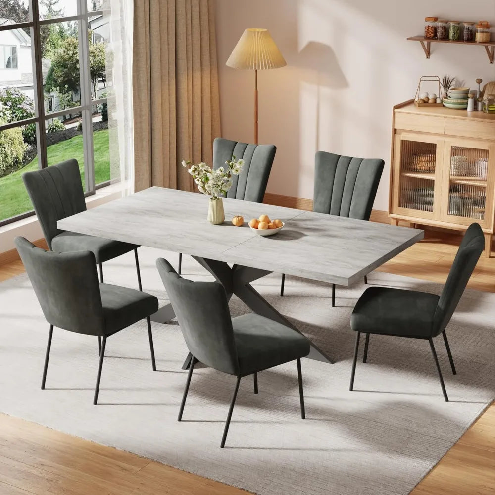 6-Piece Extendable Dining Table Set, Modern 63''–79'' Grey Wood Table with 6 Grey Fabric Chairs, Dining Room Table and  Chairs 6