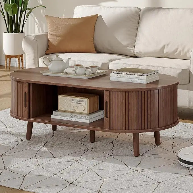 mid-century modern coffee table with sliding door and fluted hidden storage