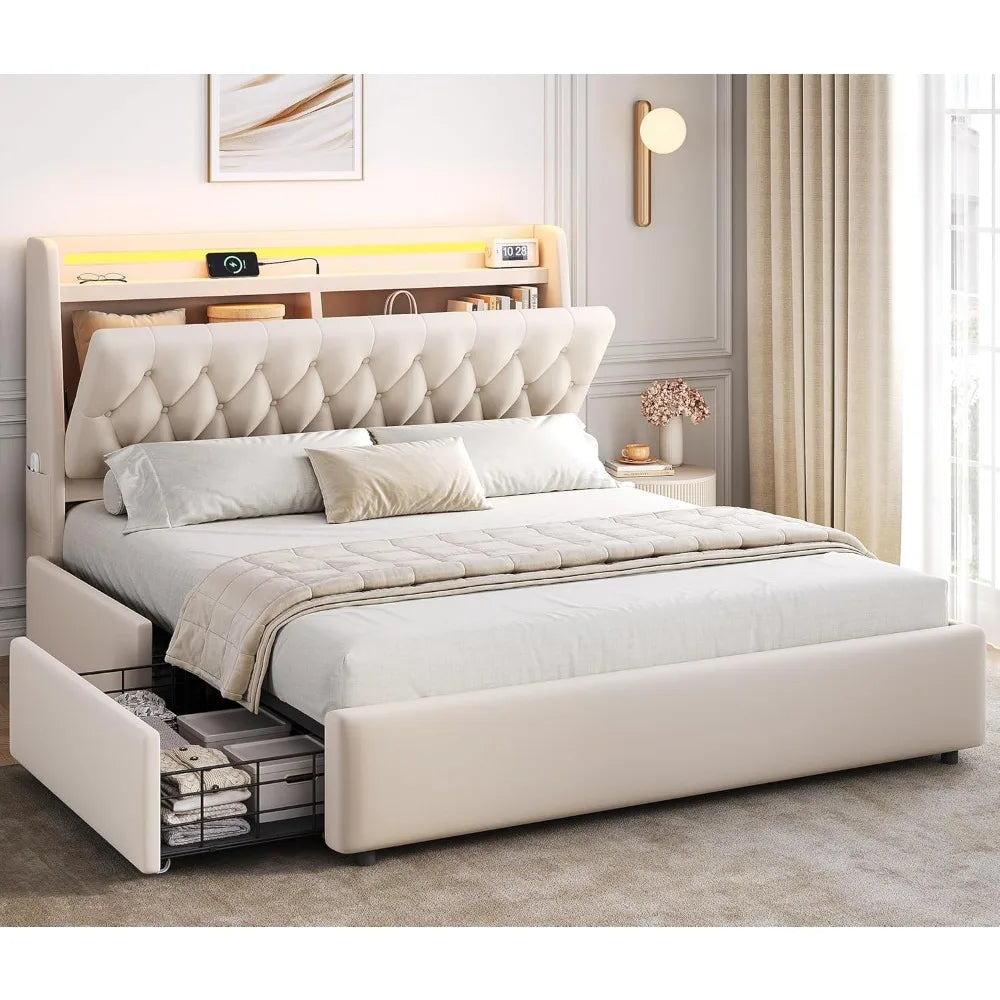 Velvet Upholstered Queen Bed Frame with Storage Drawers and Hidden Headboard, Platform Bed with Charging Station and Button Tuft