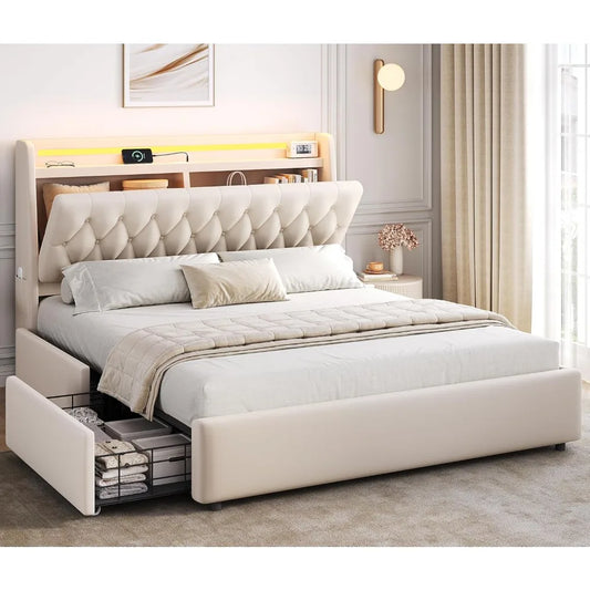 Velvet Upholstered Queen Bed Frame with Storage Drawers and Hidden Headboard, Platform Bed with Charging Station and Button Tuft