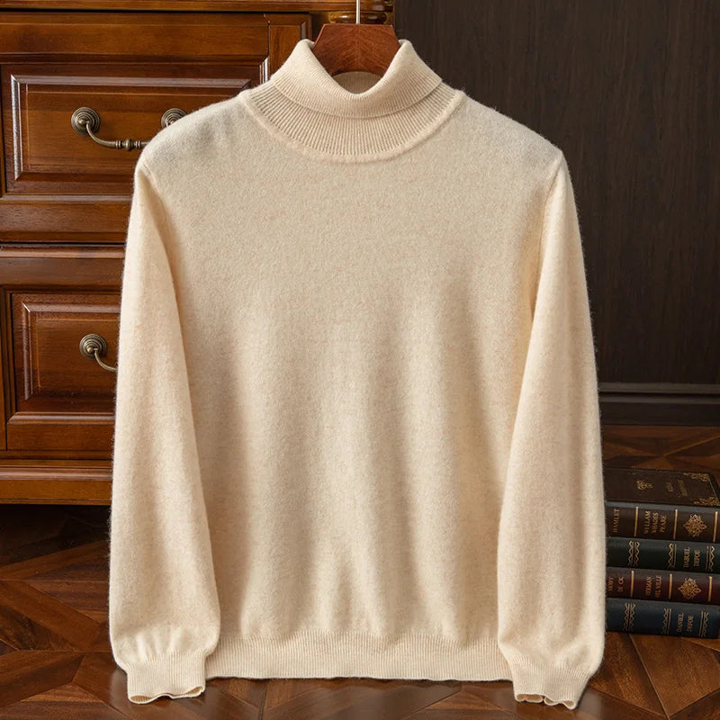 Men 100% Merino Wool Sweater Turtleneck Knitted Pullover Cashmere Warm Solid Color Clothes Business Bottoming Tops Autumn Winter