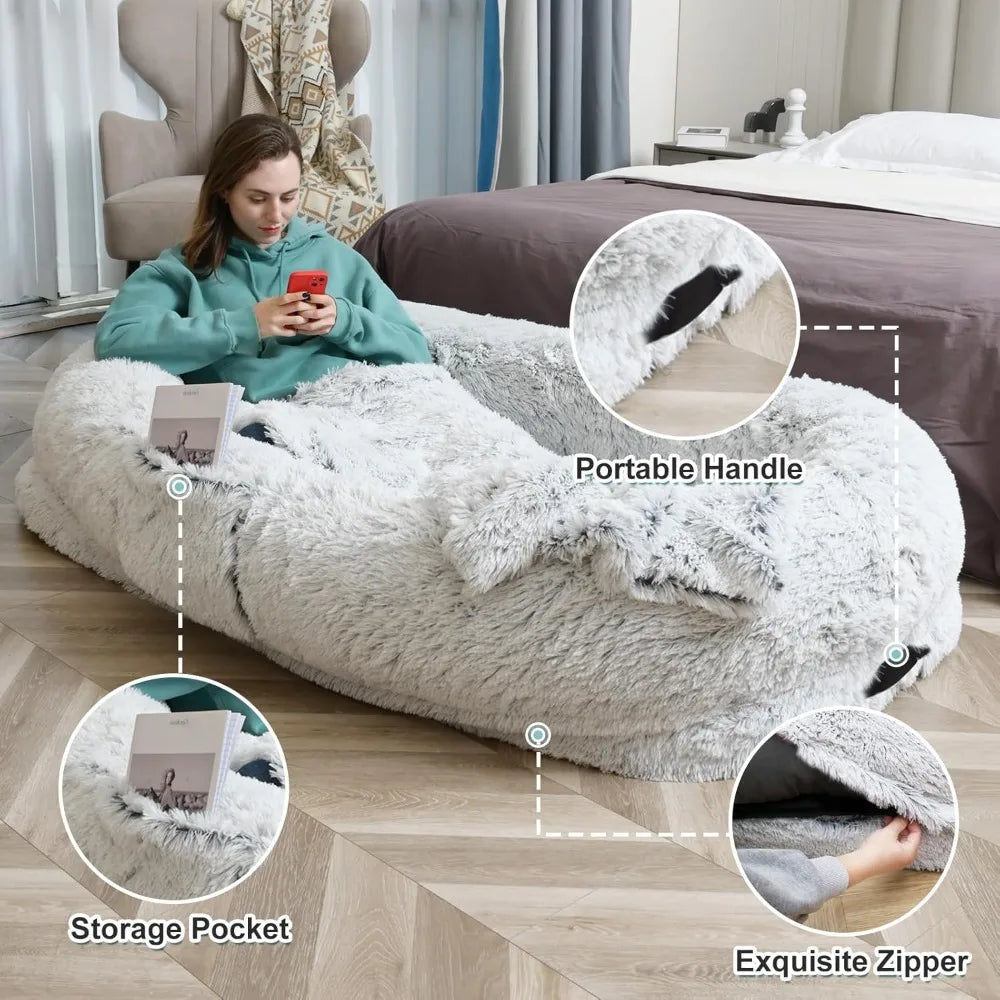Human Dog Bed Fits You and Pets for People Doze Off, Washable Faux Fur Napping Orthopedic Dog Bed, Present Plump Pillow