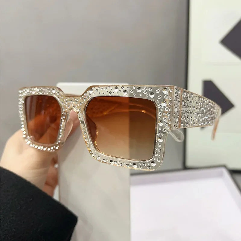 Fashion Square Crystal Sunglasses for Women Men Rhinestone Square Diamond Sun Glasses Retro Big Frame Sparkling Glasses
