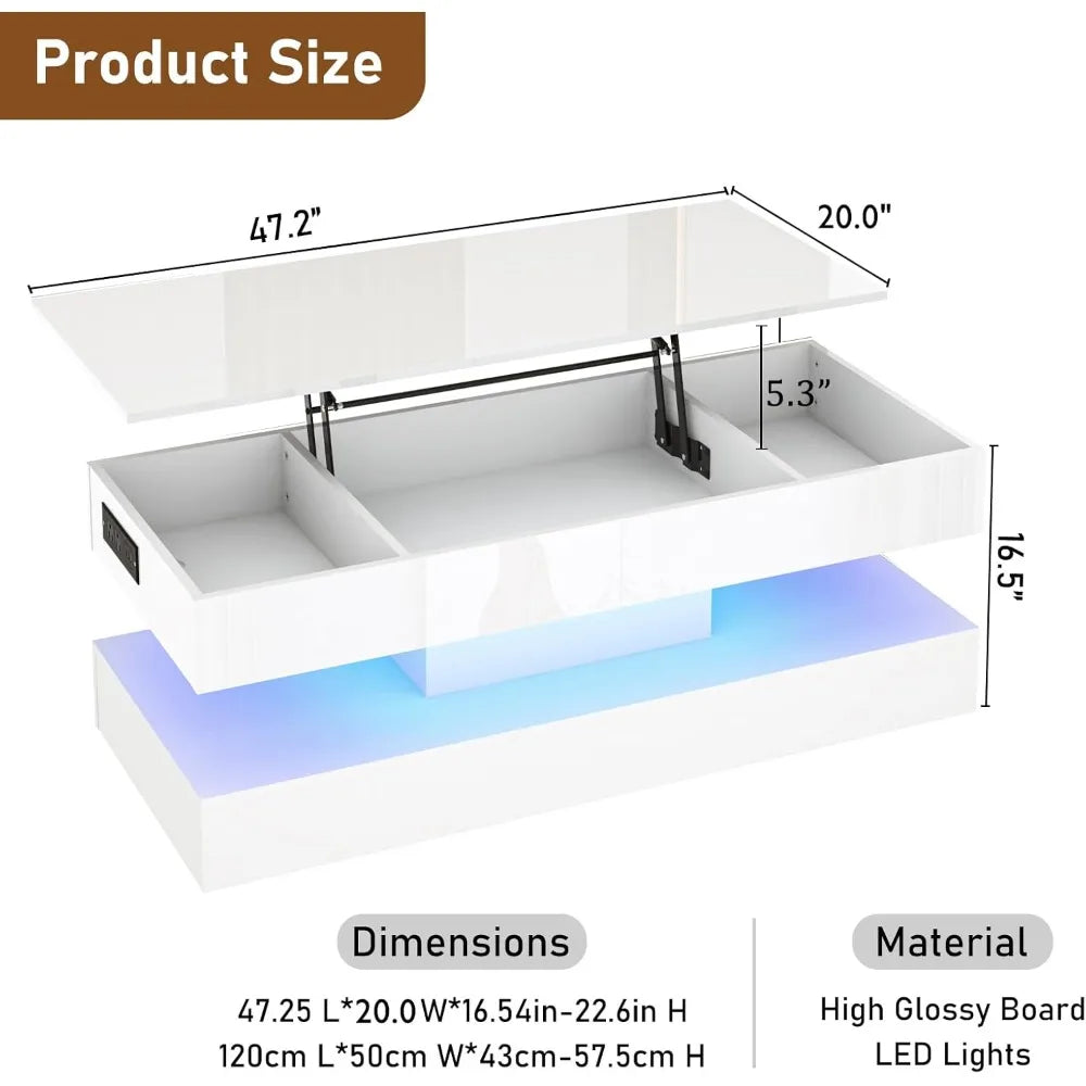 Large Modern High Gloss White Coffee Table with Lift Top and LED Lighting, Storage Drawer for Living Room