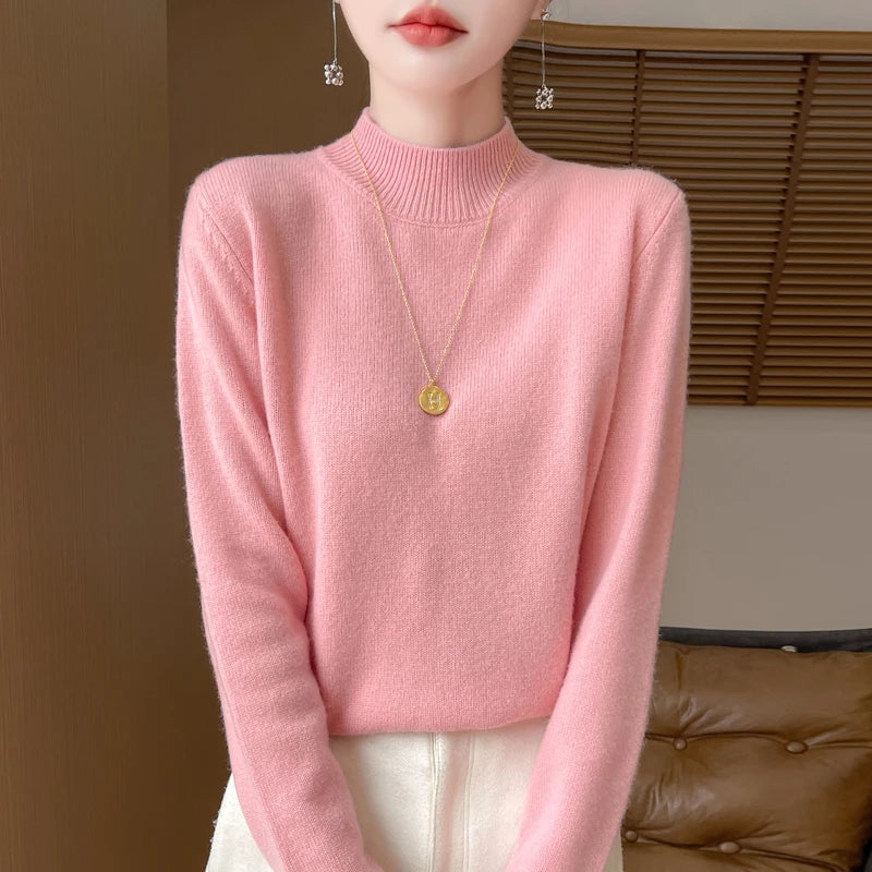 One Line Half Height 100% Andy Velvet Knitted Sweater For Women's Autumn And Winter New Top, Loose Long Sleeved Basic Style GH79