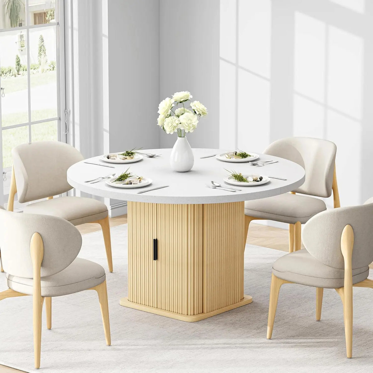 IRONCK Round Dining Table for 4, 47 inch Modern Farmhouse Kitchen Table with Storage Shelf and Wood Slide Doors for  Kitchen