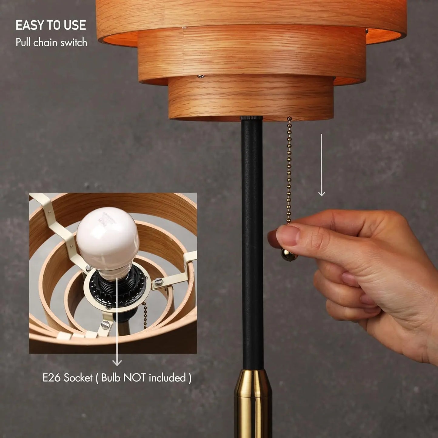 Cascade Floor Lamp, Modern Wooden Shade, E26, Pull Chain, Metal Base, Black – For Living Room, Bedroom, Office