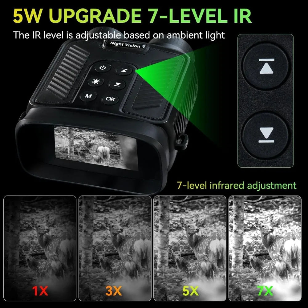 Night Vision Goggles 4K HD Binoculars with 8X Digital Zoom 7 Levels IR 3 Inch Screen Built in Camera 32GB Card for Hunting