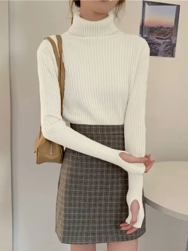Autumn Winter Warm Thick Women Sweater Pullover Basic Korea Ribbed Sweaters Cotton Tops Knitted Solid Turtleneck with Thumb Hole