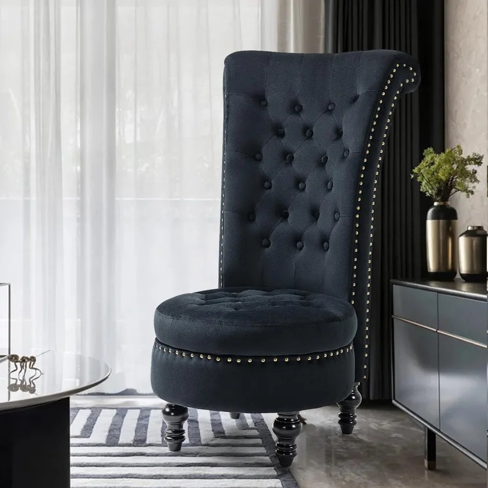 AVAWING High Back Throne Chair, Velvet Armless Royal Accent Chair w/Storage, Nailhead Trim & Rubberwood Legs for Living Room & B