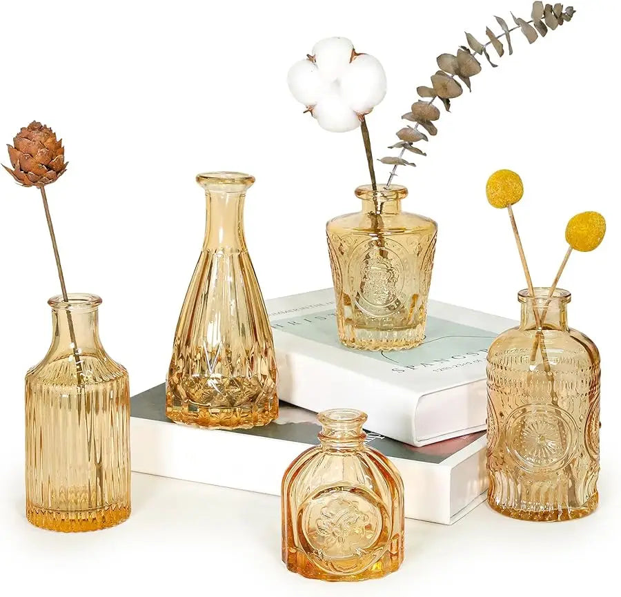 Glass Bud Vase Set of 5, Gold Amber Small Flower Vases for Centerpieces in Bulk, Mini Vintage Vase for Rustic Wedding, Home,Tabl