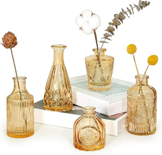 Glass Bud Vase Set of 5, Gold Amber Small Flower Vases for Centerpieces in Bulk, Mini Vintage Vase for Rustic Wedding, Home,Tabl
