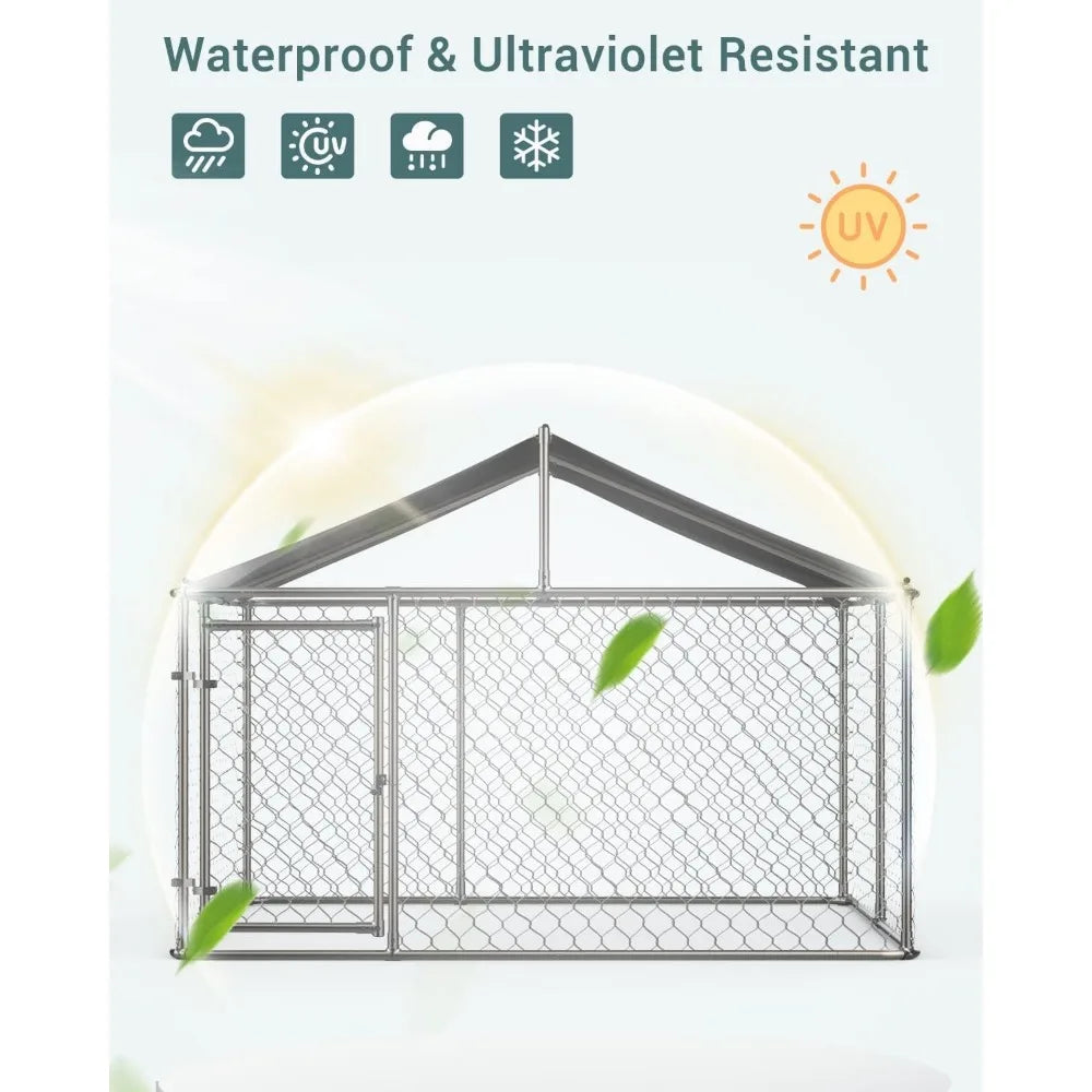 Large Outdoor Dog Kennel, Heavy Duty Galvanized Steel Dog Enclosure with Waterproof UV-Resistant Cover, Lockable Door Chain Link