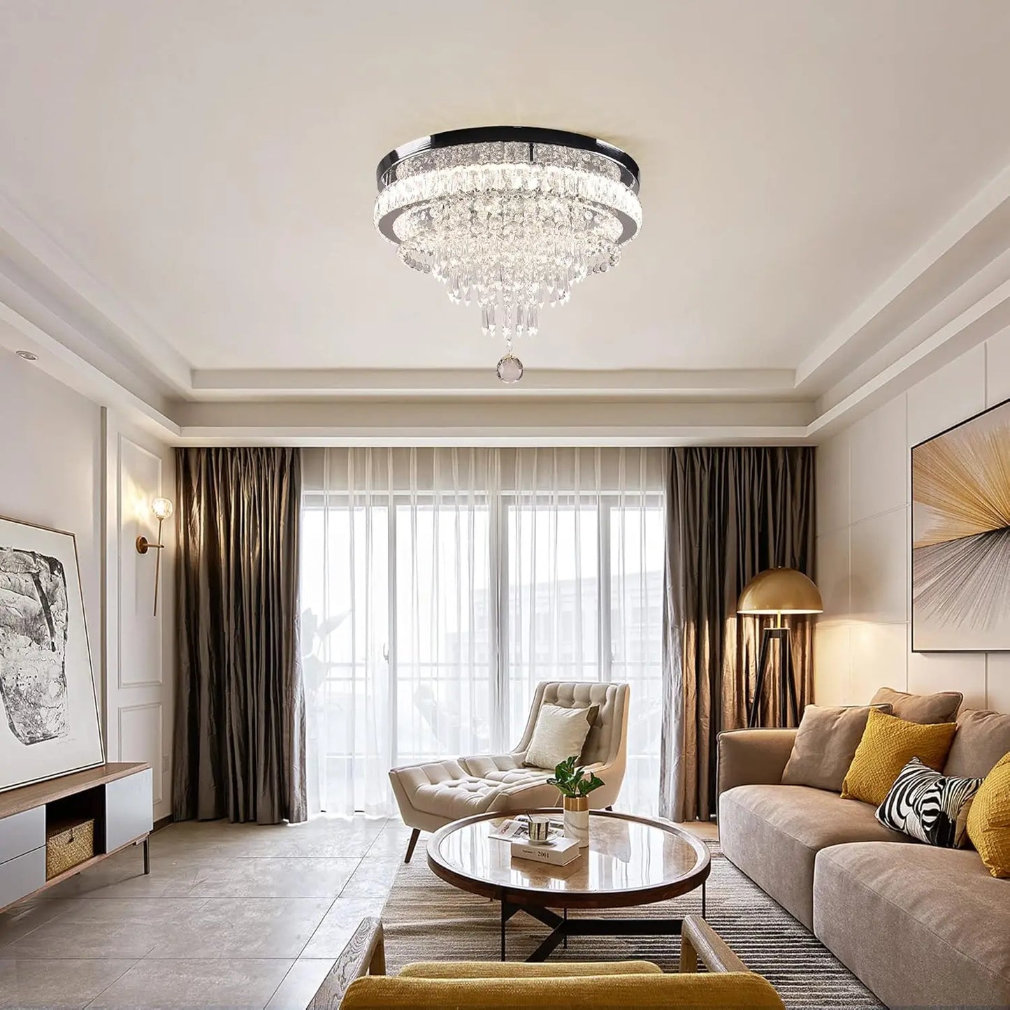 FRIXCHUR 19.7'' Crystal Chandelier Ceiling Light Living Room Modern Bedroom Chandeliers LED Flush Mount Light Fixture for Kitche