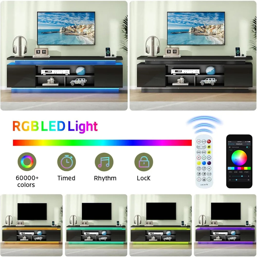 70 Inch TV-Stand - Television Stands for 75 80 85 Inch TV - 2 Tier Entertainment Center with 4 AC Outlets & 2 Smart RGB LED