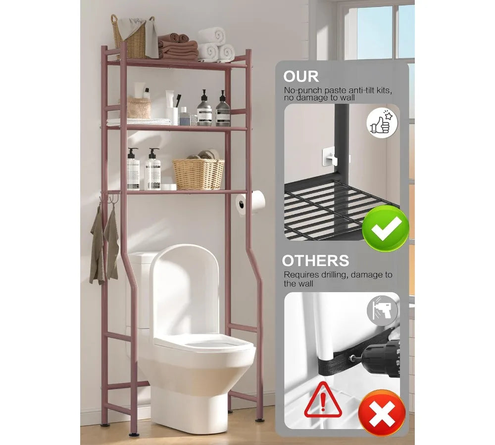 3-Tier Over Toilet Storage Rack with Baskets & Hooks, Space-Saving Metal Bathroom Shelf for Small Spaces