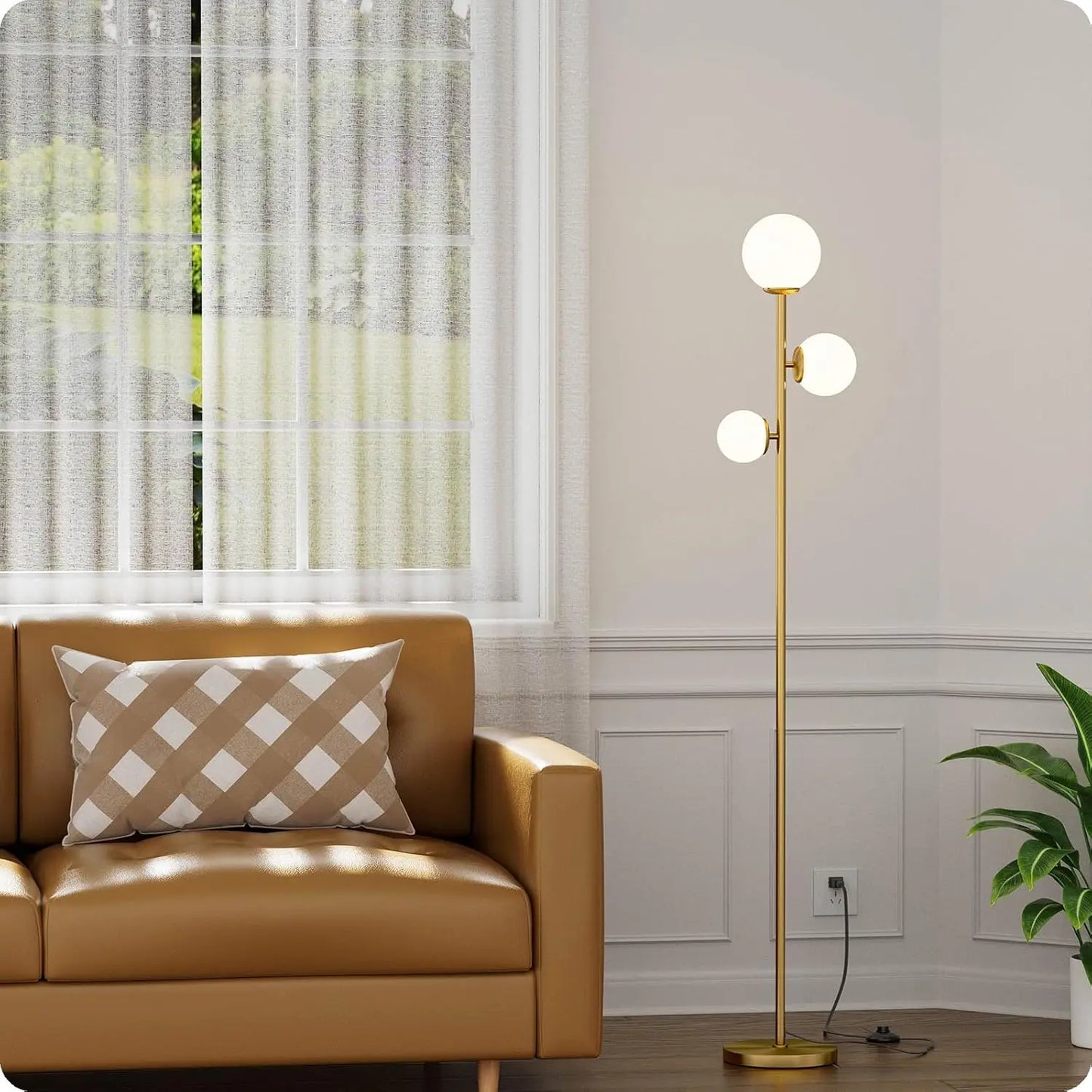 Floor Lamp with 3 Frosted Glass Shades, LED Floor Lamp for Living Room Bedroom Office, Gold with Foot Switch