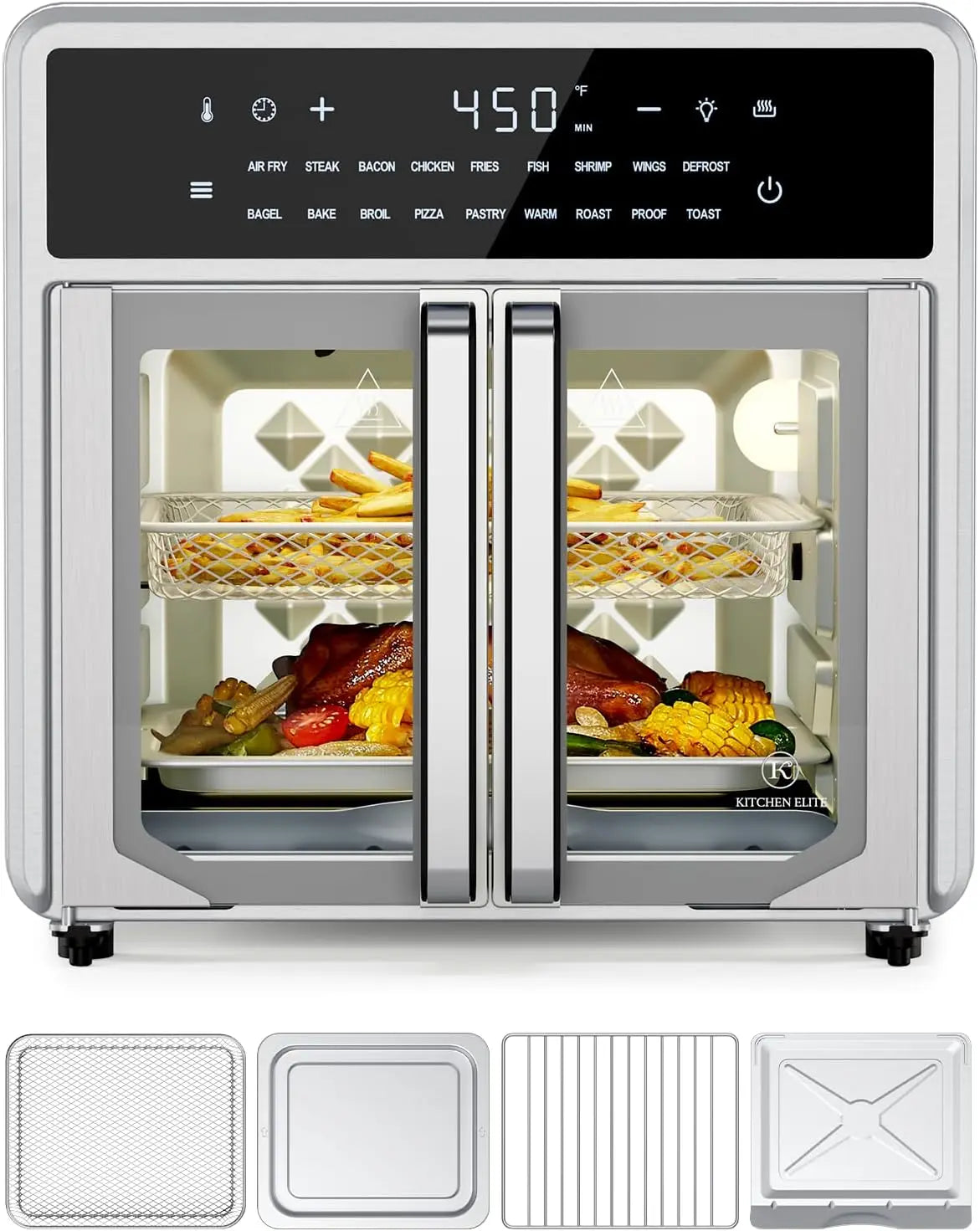 Air Fryer French Door Oven, 15.8 Qt, 18 Presets, Stainless Steel, Compact Toaster Oven Combo