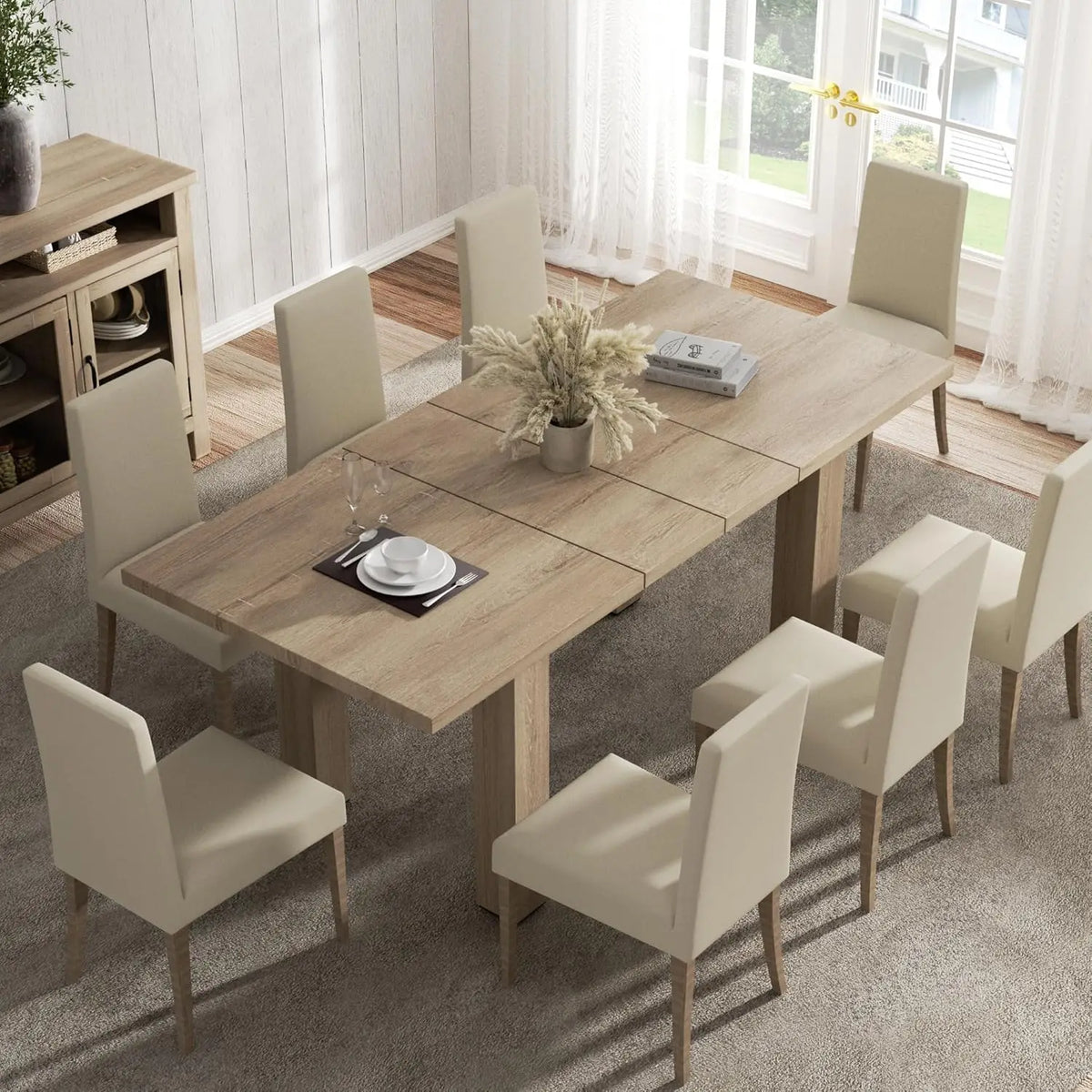 Extendable Oak Dining Table 55''-78'', for 6-10 People, Rustic, Small Kitchen & Office Use