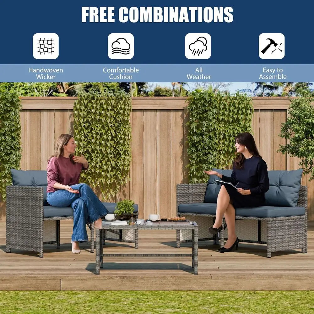 All-Weather Wicker Patio Furniture Set, Blue Outdoor Sofa Sectional with Cushions and Glass Table for Small Garden Conversation