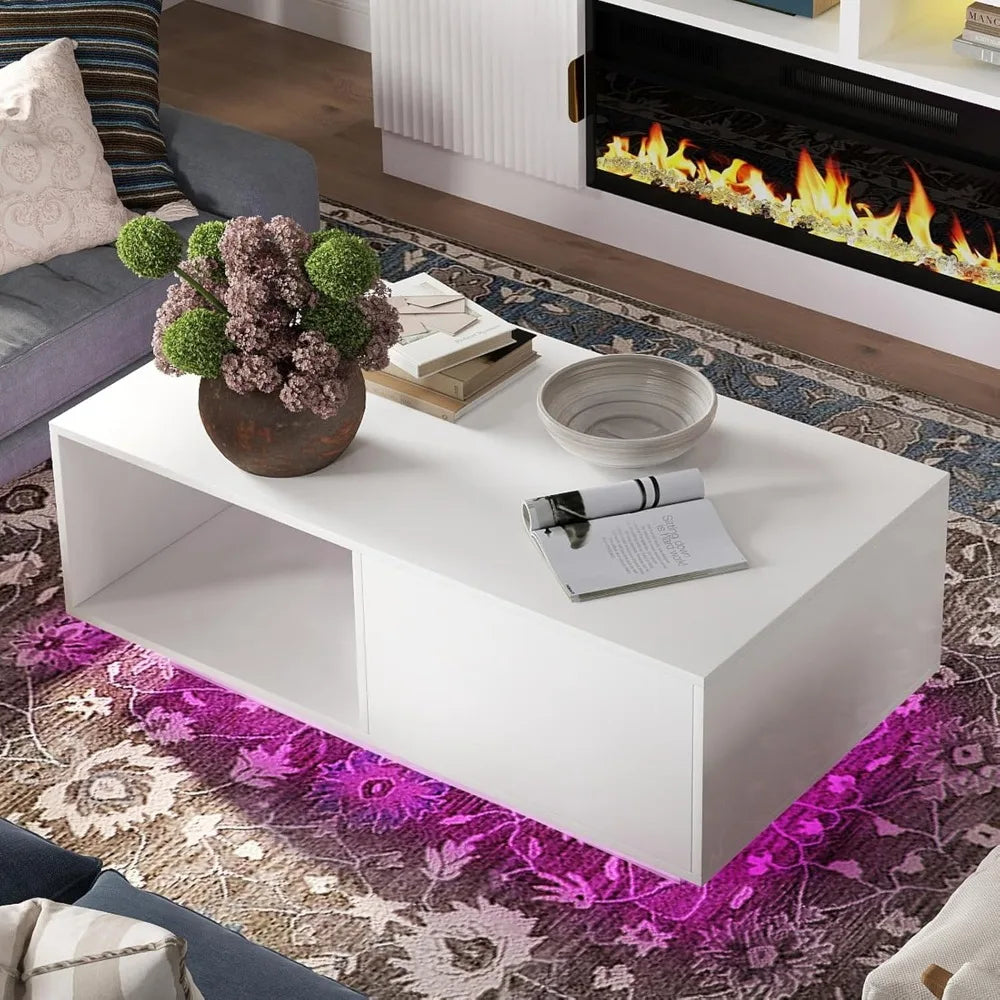 Modern White LED Coffee Tables for Living Room with Drawer & 16-Color LED Lights, Rectangle Living Room Sofa Table with Ample S