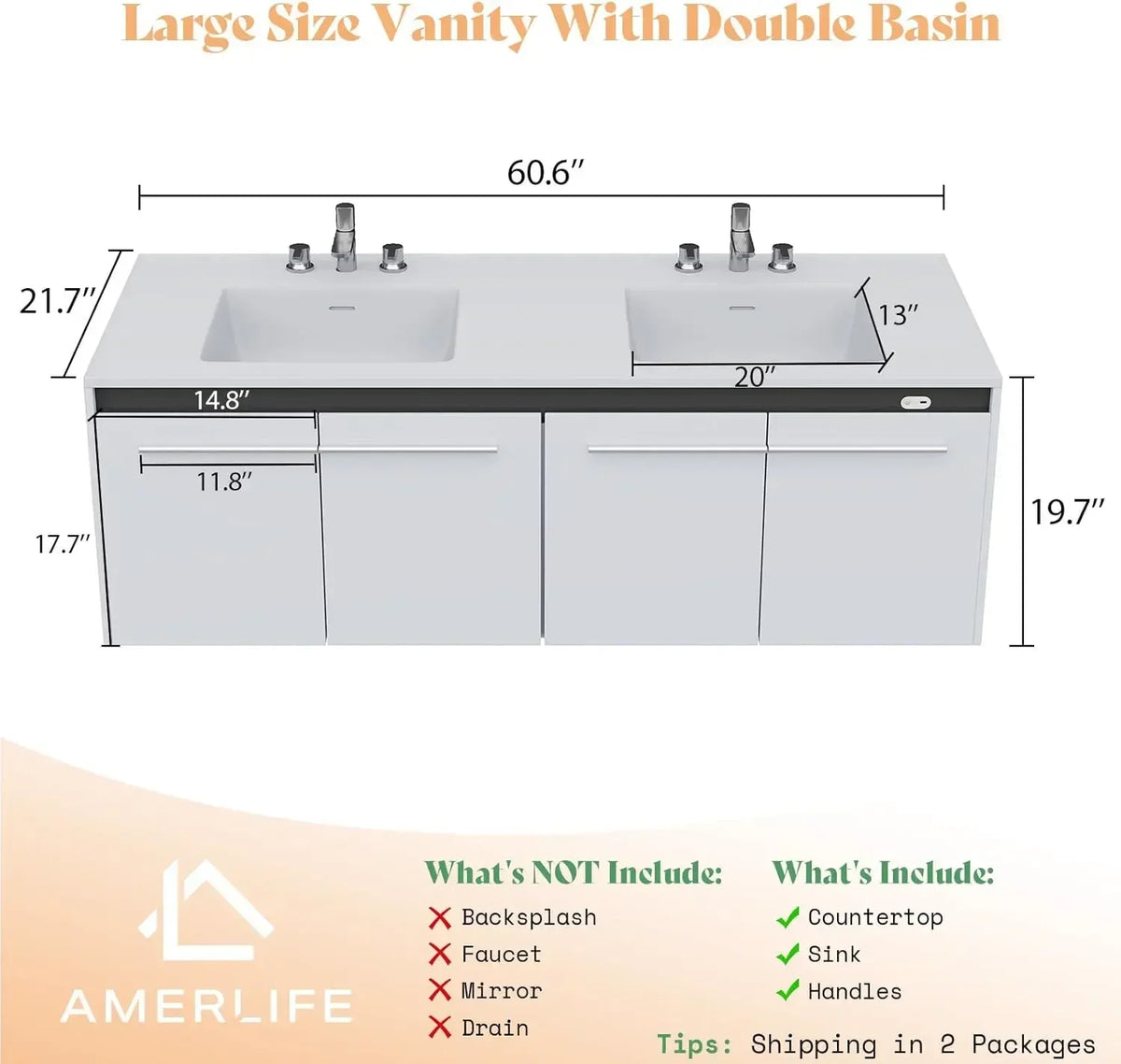60"LED Floating Bathroom Double Vanity with Sink Combo, Modern High Gloss Wall Mounted Bathroom Storage Cabinet with 3 Hole Sink