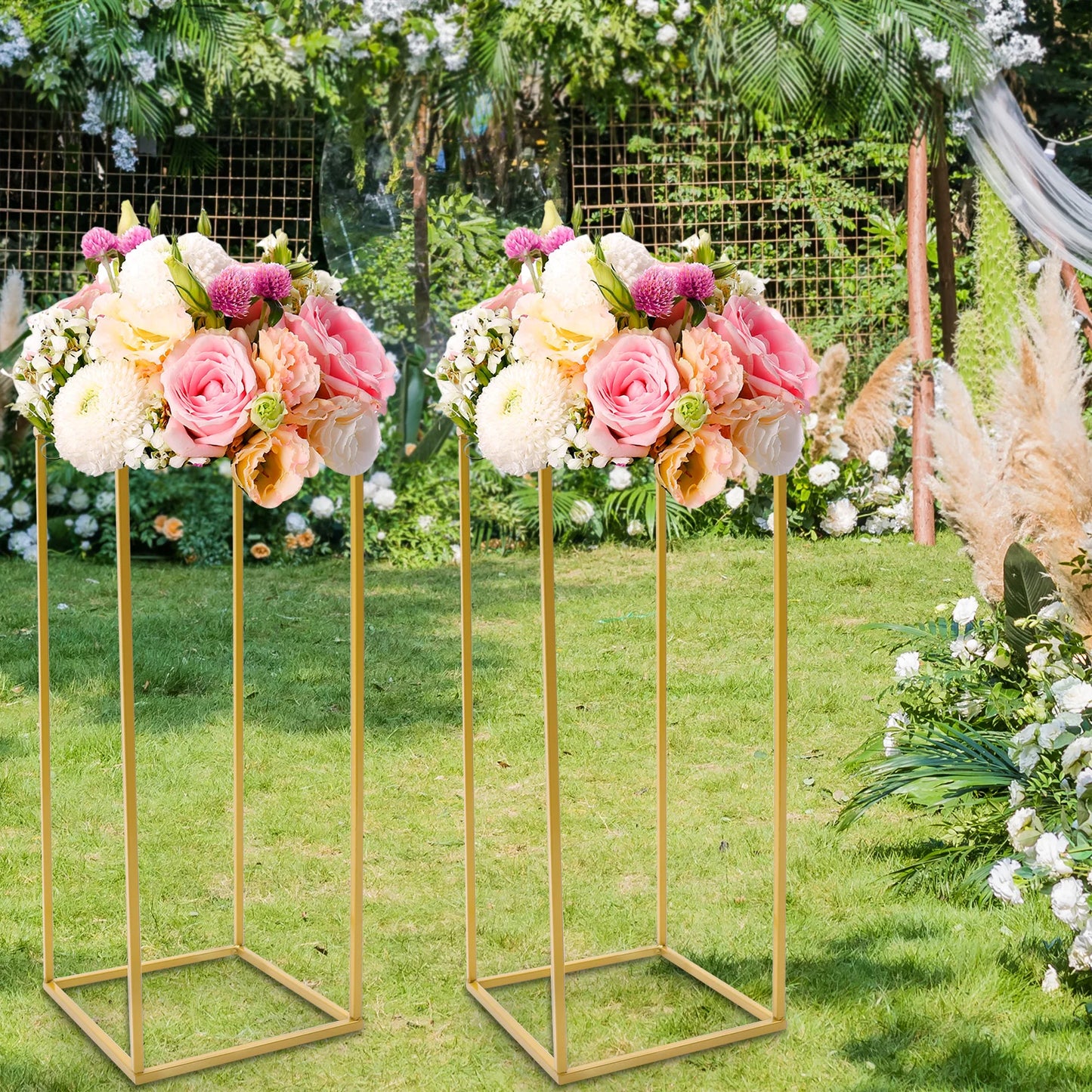 2pcs Metal Flower Floor Vase, 60cm Tall Column Centerpiece Stand Geometric Plant Holder for Floral Wedding Table Party Decor