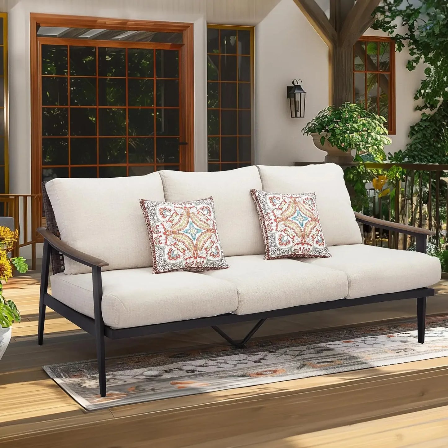 Outdoor Patio Sofa Furniture Metal Chair with Wicker Backrest And 6-Inch Cushion Indoor Front Porch Deck Decorative Garden Bench