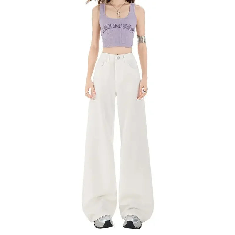 Summer Women's Wide Leg Jeans Retro Patchwork Solid Baggy Straight Leg Denim Adjustable Waist High Quality