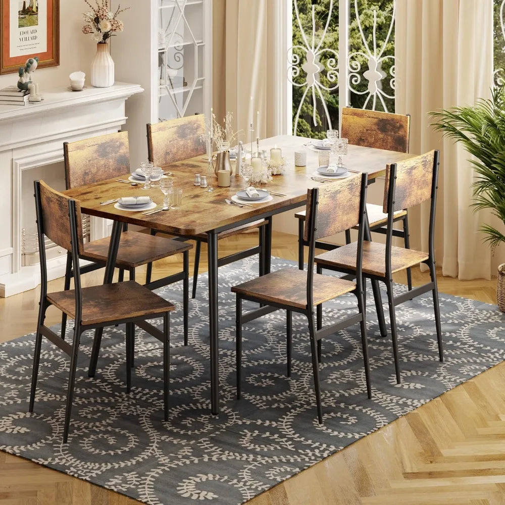 63” Extendable Dining Table Set for 4-6 People, 7-Piece Dining Table Set for 6 People with 6 Chairs, MDF Wood Board Kitchen Tabl