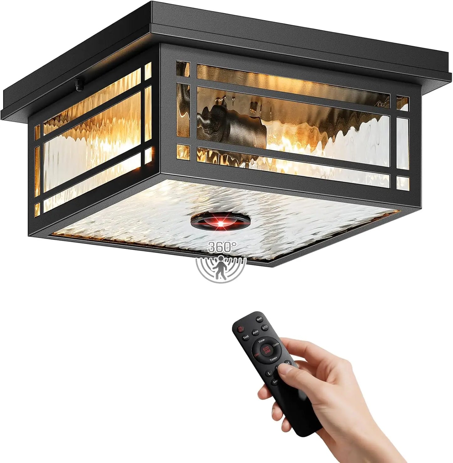 Outdoor Motion Sensor Ceiling Light with Remote, 2-Light Black Outdoor Flush Mount Light with Adjust Sensitivity, 4 Modes Front
