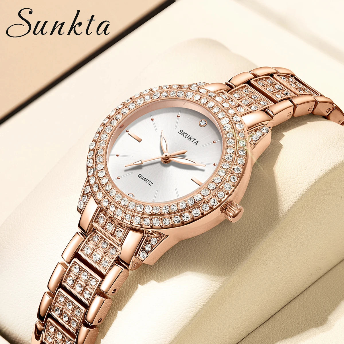 SUNKTA Womens Watches Fashion Original Quartz Wrist Watch for Ladies Roman Dial Dazzling Diamond Waterproof Luminous Luxury