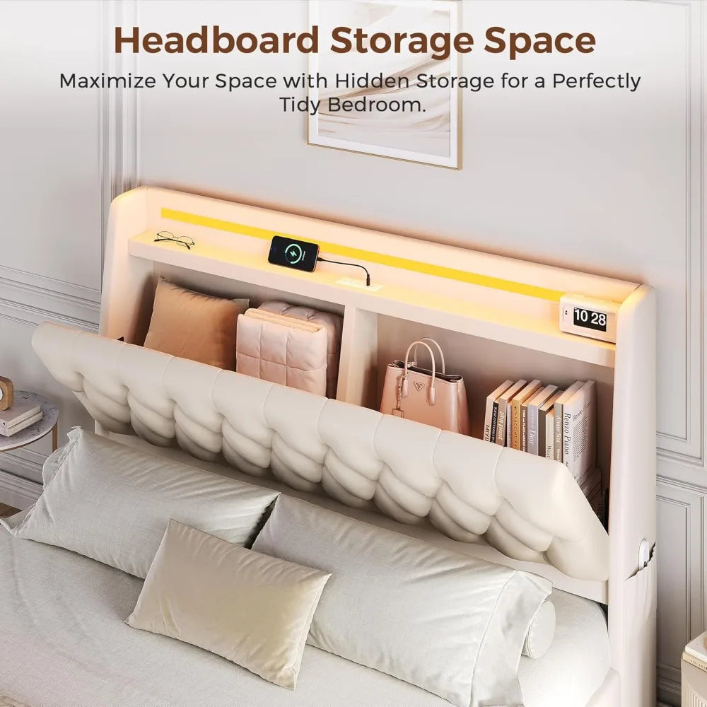Velvet Upholstered Queen Bed Frame with Storage Drawers and Hidden Headboard, Platform Bed with Charging Station and Button Tuft