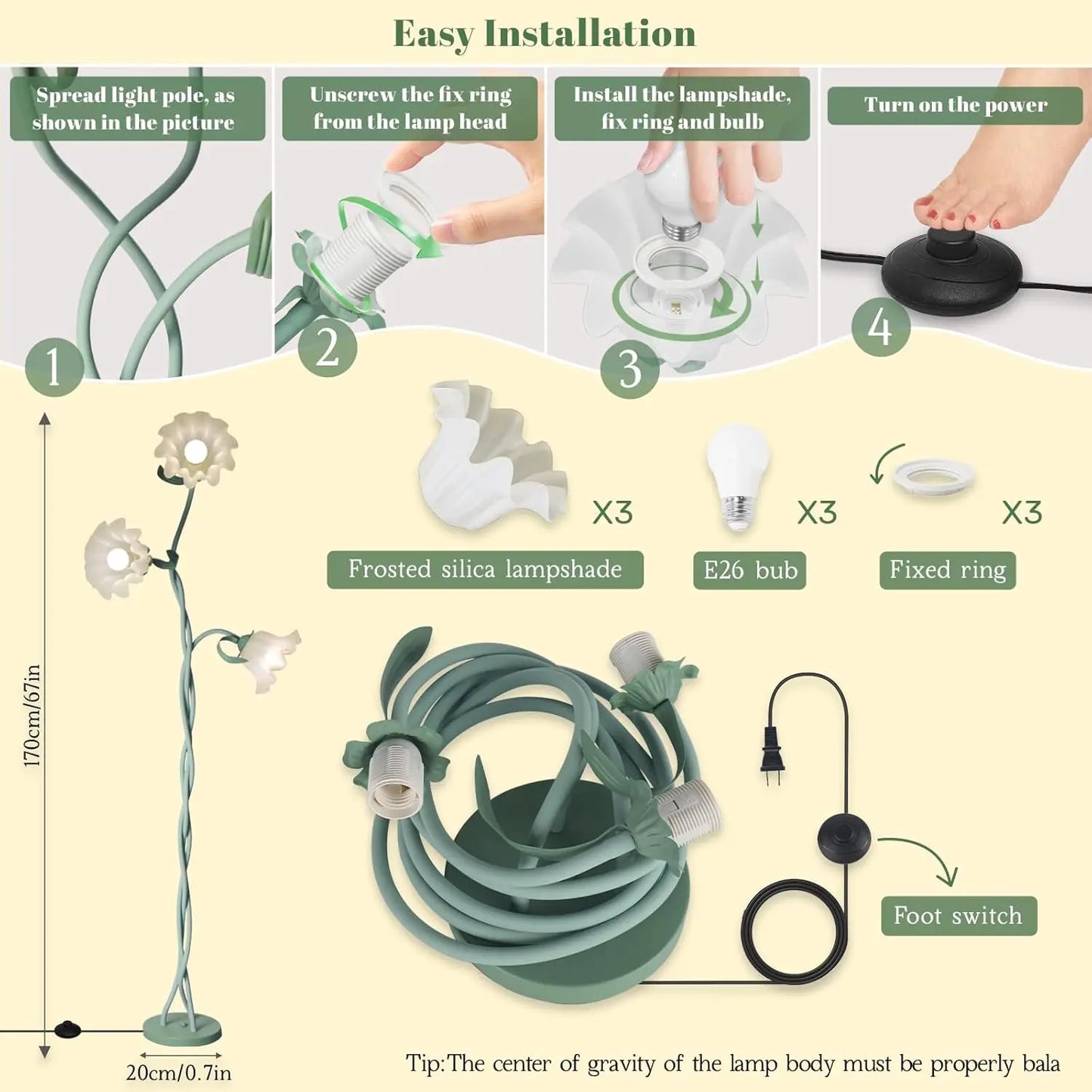 Cute Flower Standing Lamp with Flexible Gooseneck, 3-Temperature LED Floor Lamp for Bedroom or Living Room (Green)