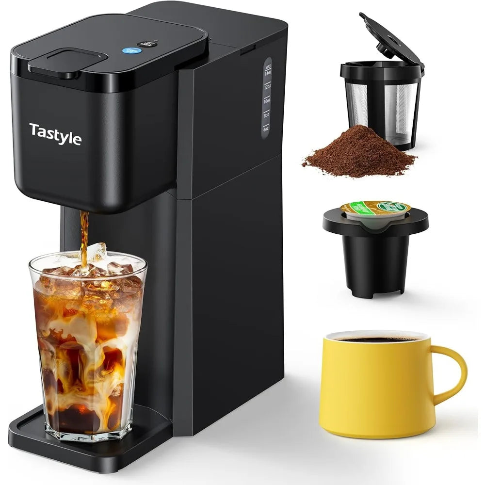 Mini Hot and Iced Coffee Maker Single Serve, for K Cup and Ground, 6 to 14 Oz Brew Sizes, with Recipe Book, for Home, Travel, RV
