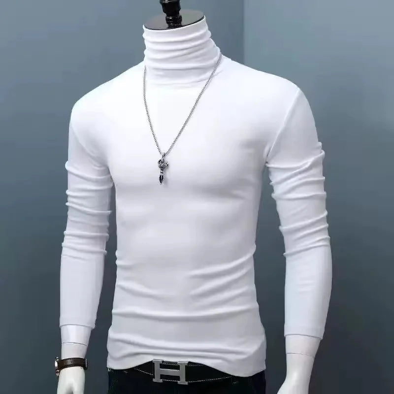 Spring New Men's Turtleneck T-shirt Long Sleeve Slim Fit Solid Color High Elastic Bottoming Pullovers Basic Style Male Tops