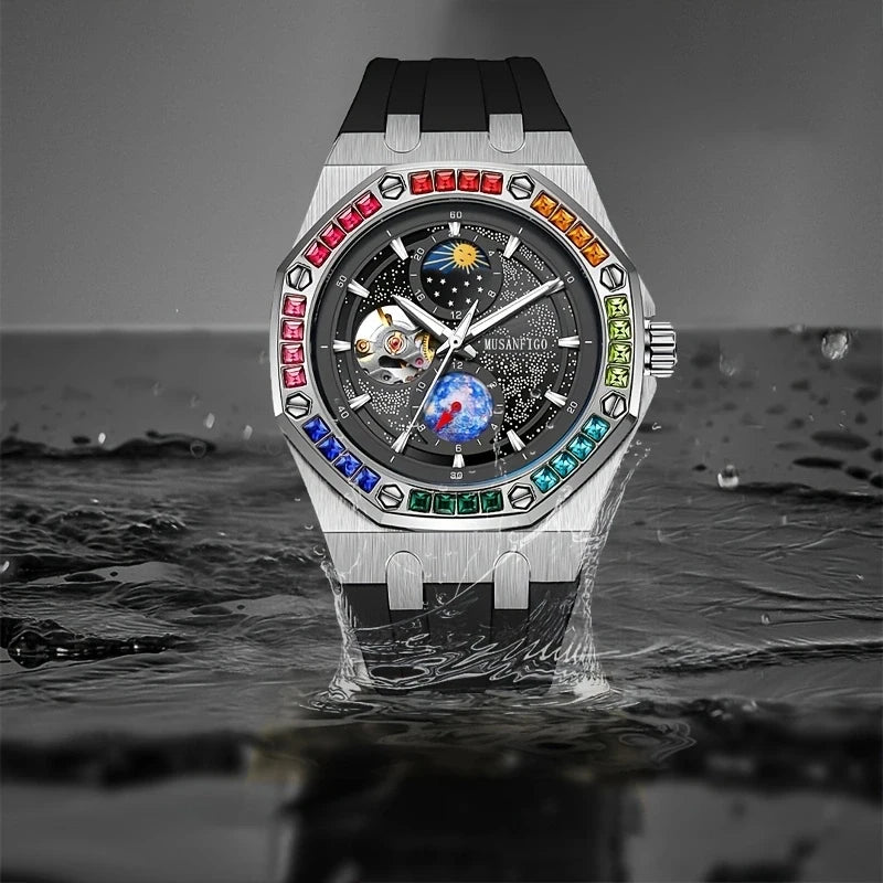 Men's Automatic Watch, Waterproof Watch, Rhinestone, Super Luminous Sun, Moon and Stars, Dial, Skeleton, Men's Gift Watch
